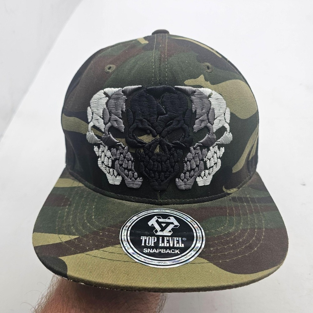 Top Level Hat Cap Snap Back Mens One Size Green Camo Skull Graphic Army Twill